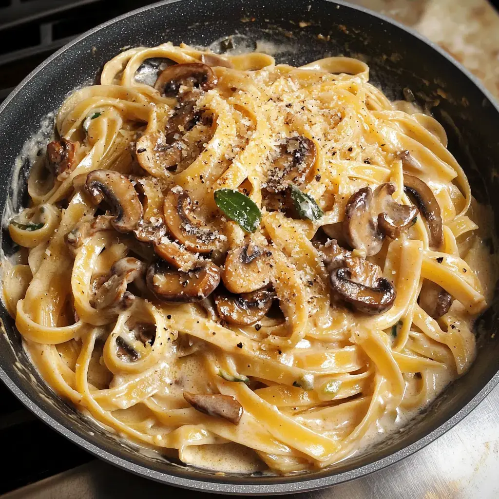Fettuccine pasta with golden mushrooms, grated cheese, and leeks in a frying pan.