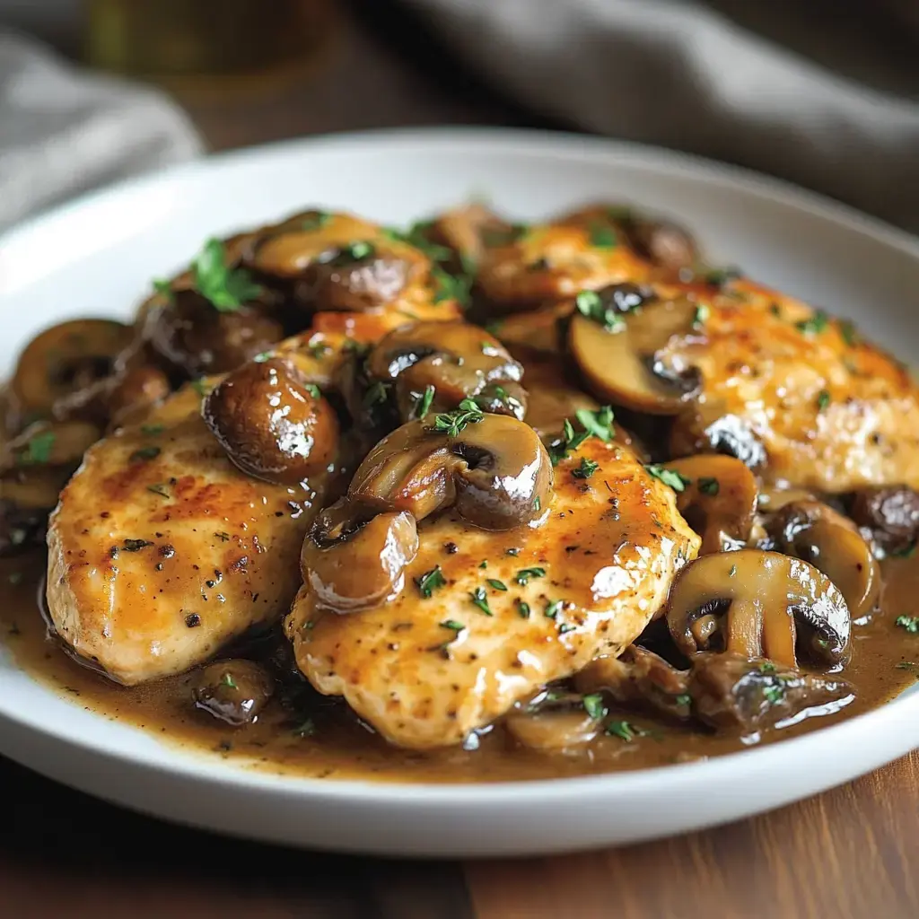 Juicy chicken breasts with mushrooms and fresh herbs all cozy on a white plate.