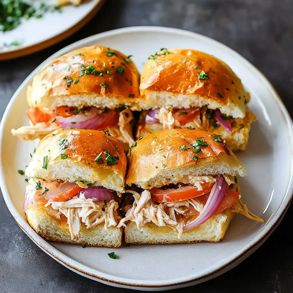 A close-up of four sliders on buns with tender chicken, bright veggies, and a sprinkle of herbs.