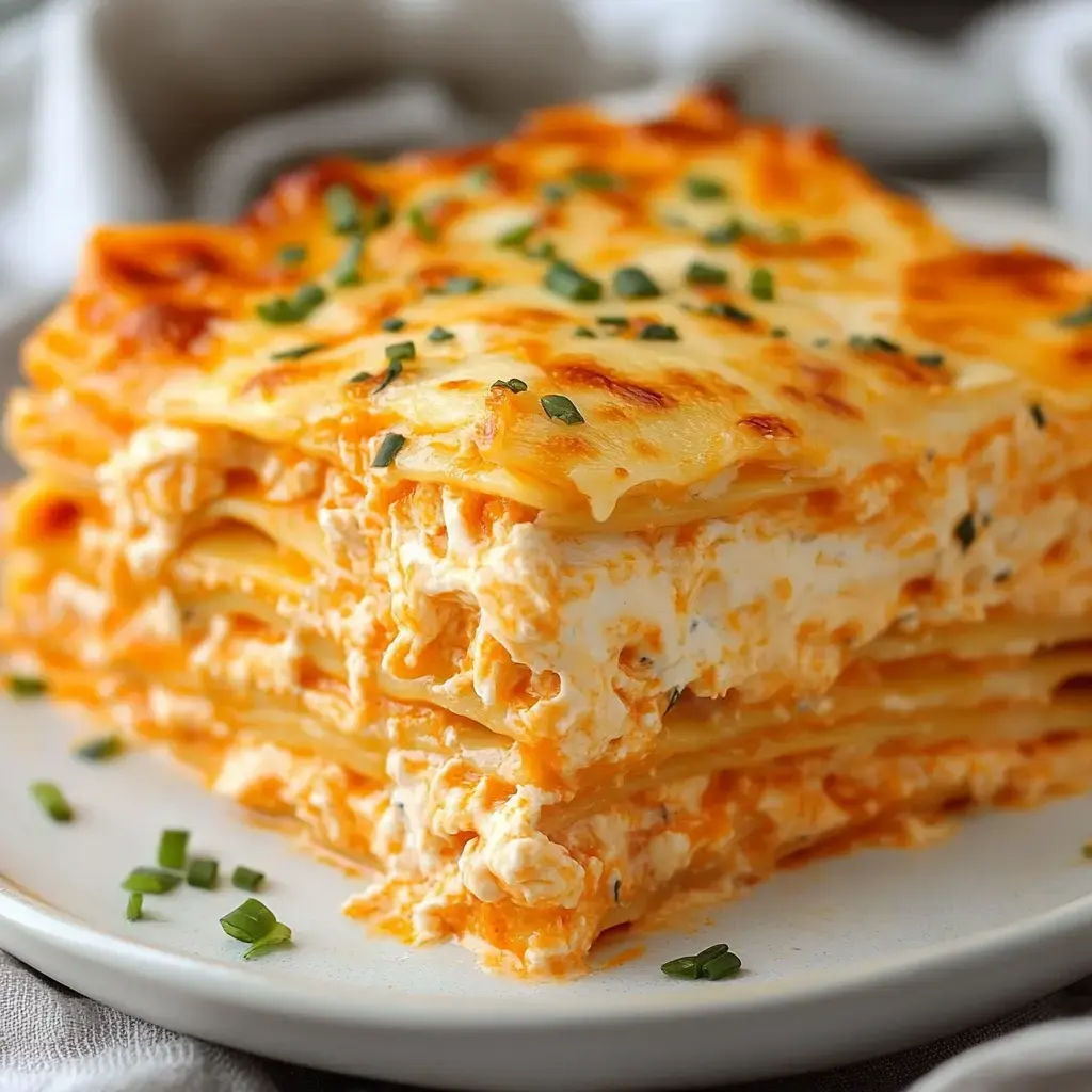 A plate holding a slice of lasagna loaded with cheese and buffalo sauce, topped with fresh herbs for garnish.