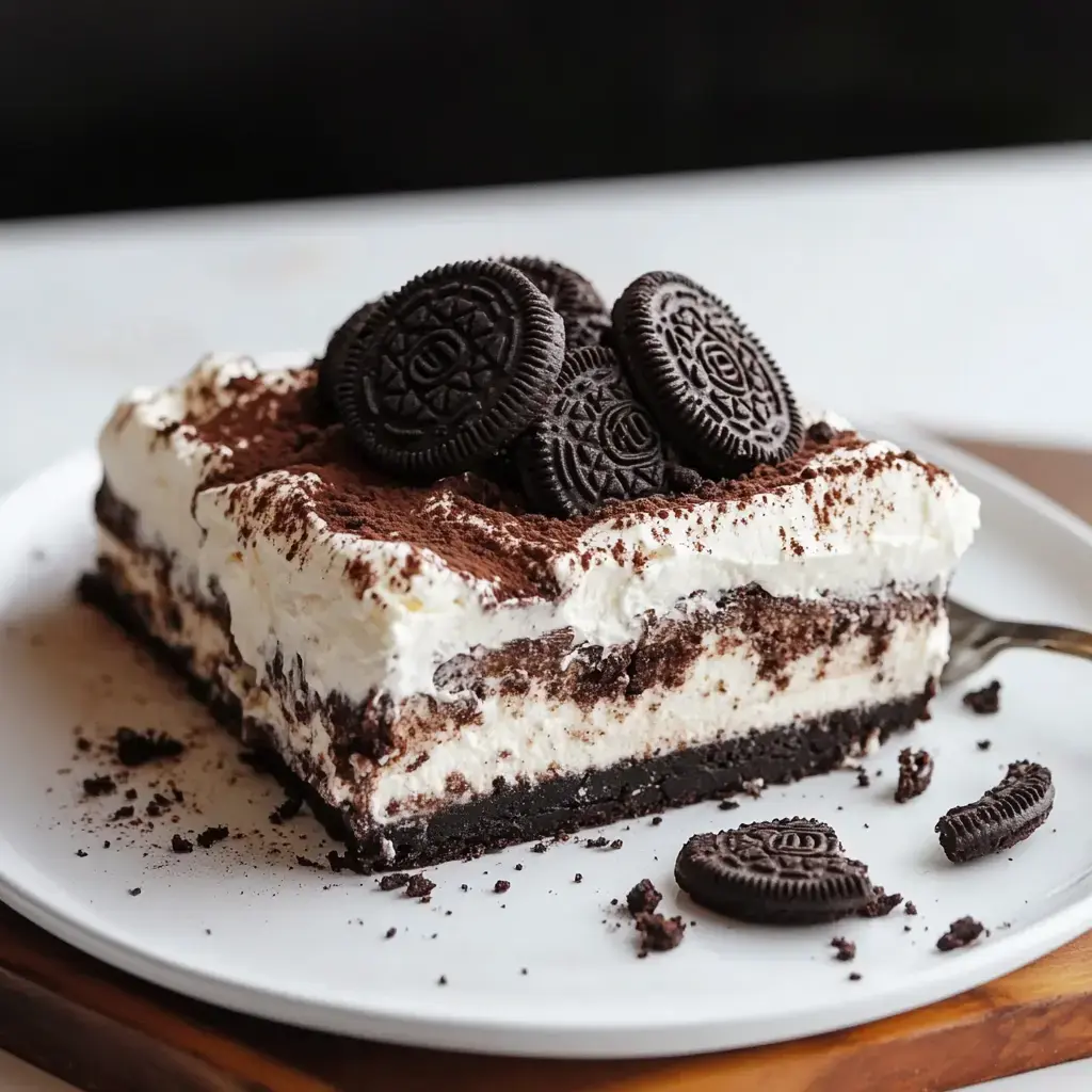 A layered no-bake dessert with Oreo cookies, chocolate cream, and whipped topping on a white plate.