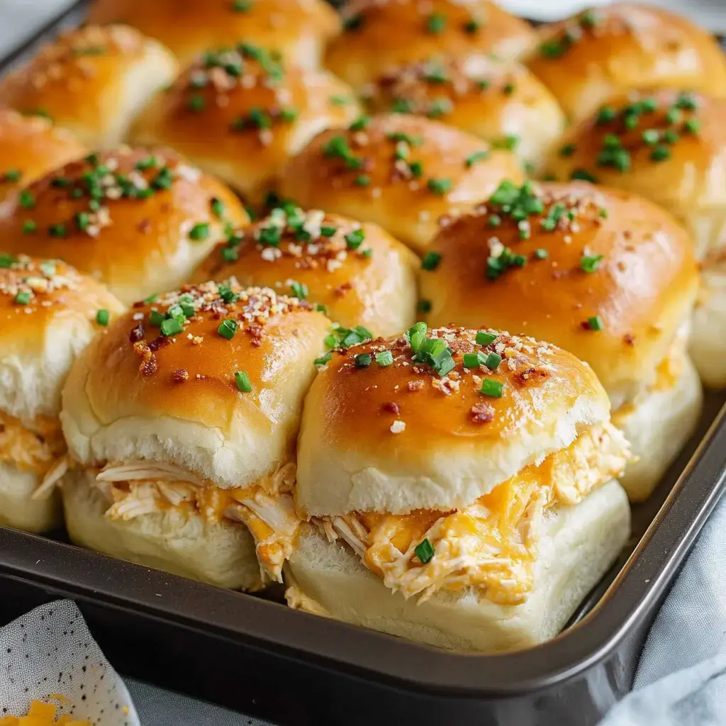 Soft buns stuffed with creamy chicken, melty cheese, and crisp toppings, arranged in a baking tray.