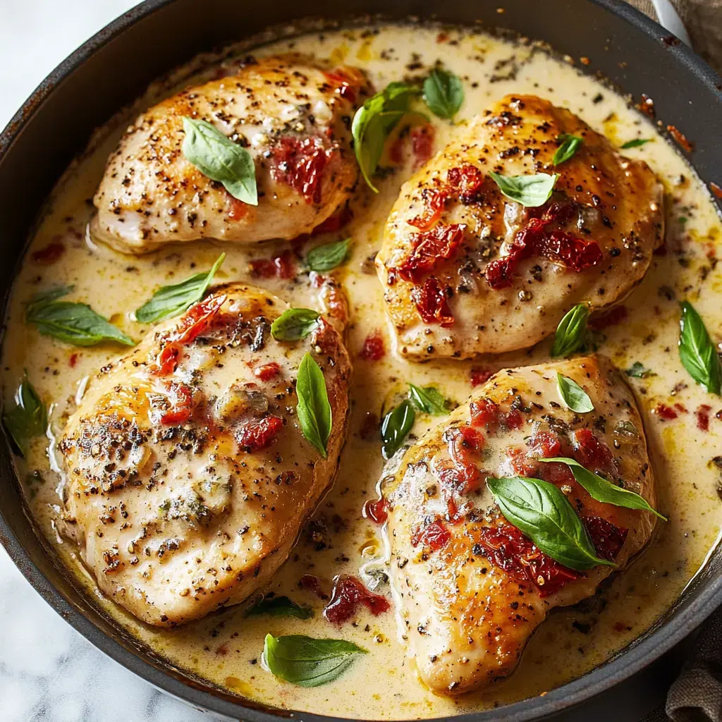 A creamy chicken dish topped with sun-dried tomatoes and garnished with basil, served in a skillet.