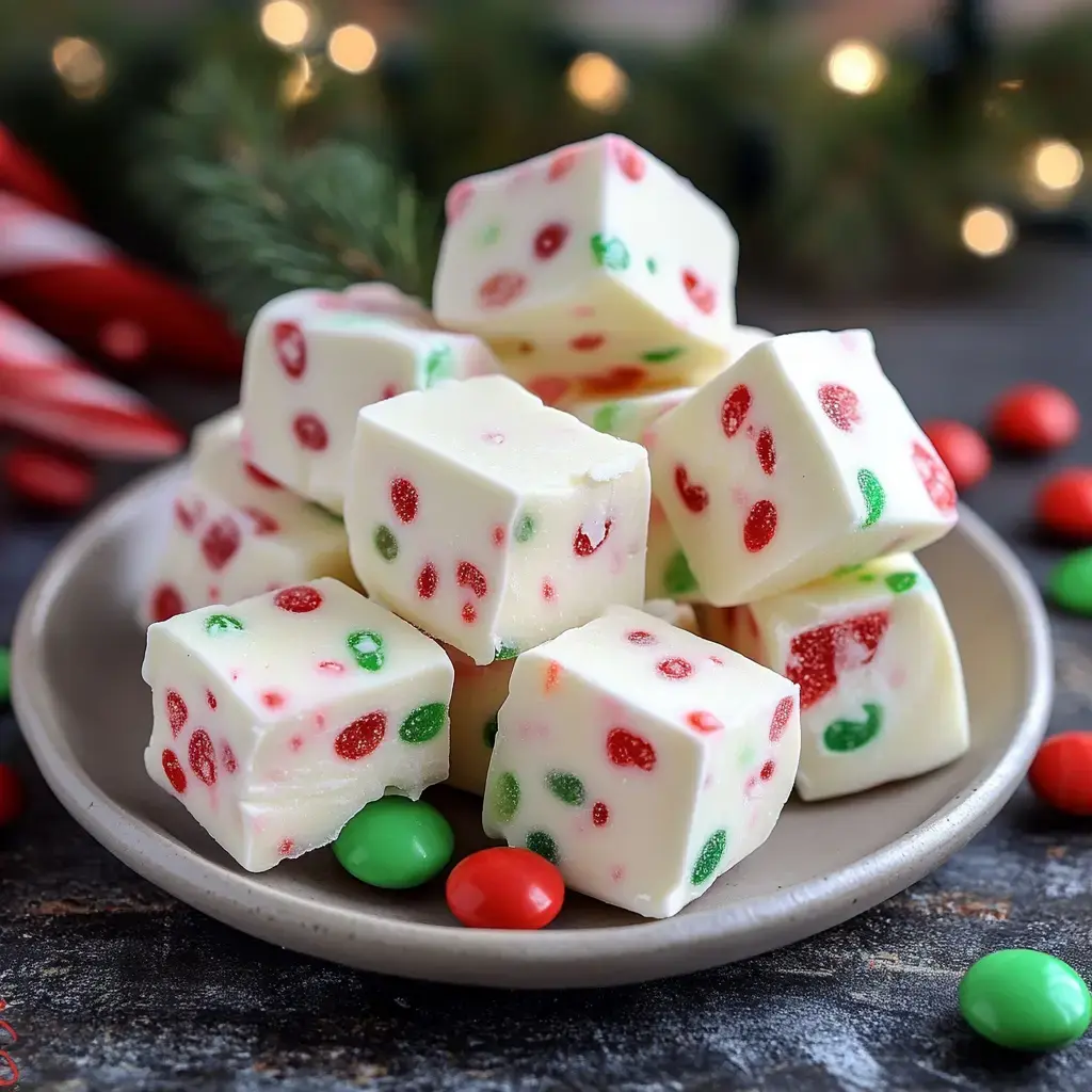 Cheerful holiday bars with red and green candies on a plate, surrounded by festive decor.