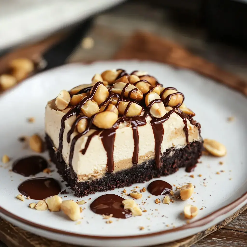 A plate holds a slice of layered chocolate and peanut creation, crowned with peanuts and chocolate sauce drizzle.