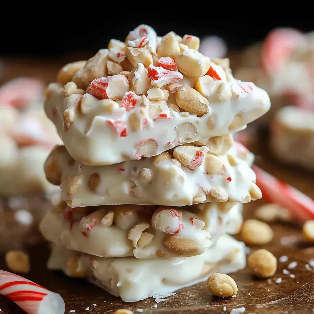 White chocolate and peanut bark topped with peppermint bits, all stacked on a wooden board.