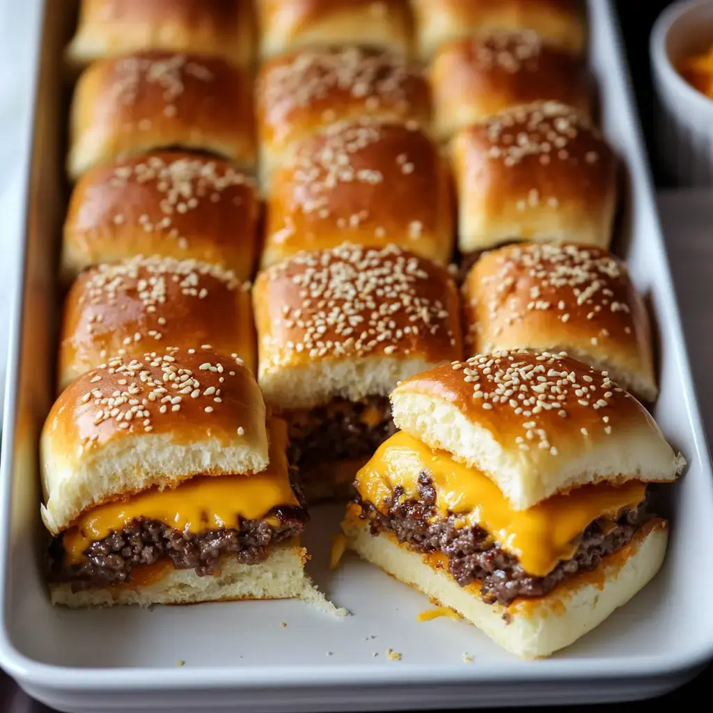 Soft Hawaiian rolls filled with gooey cheese and beef, with sesame seeds on top. One slider is cut open to show its tasty layers.