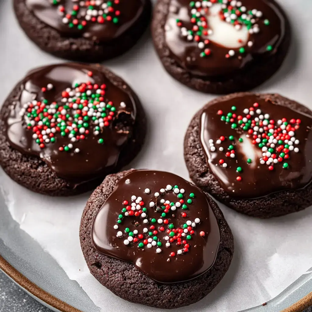 Chocolate cookies covered with glossy chocolate glaze and colorful holiday sprinkles in red, green, and white.