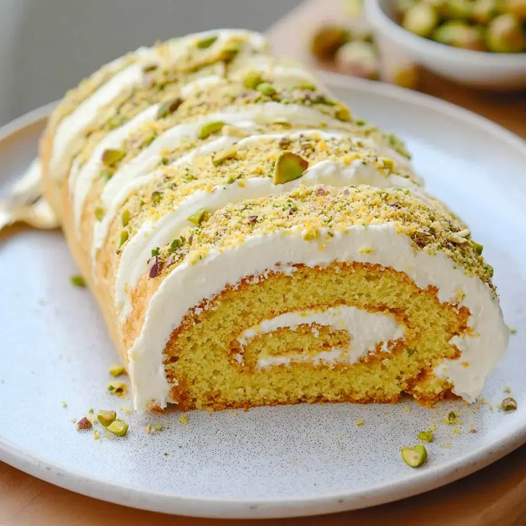A slice of lemon roll cake topped with whipped cream and pistachios on a plate.