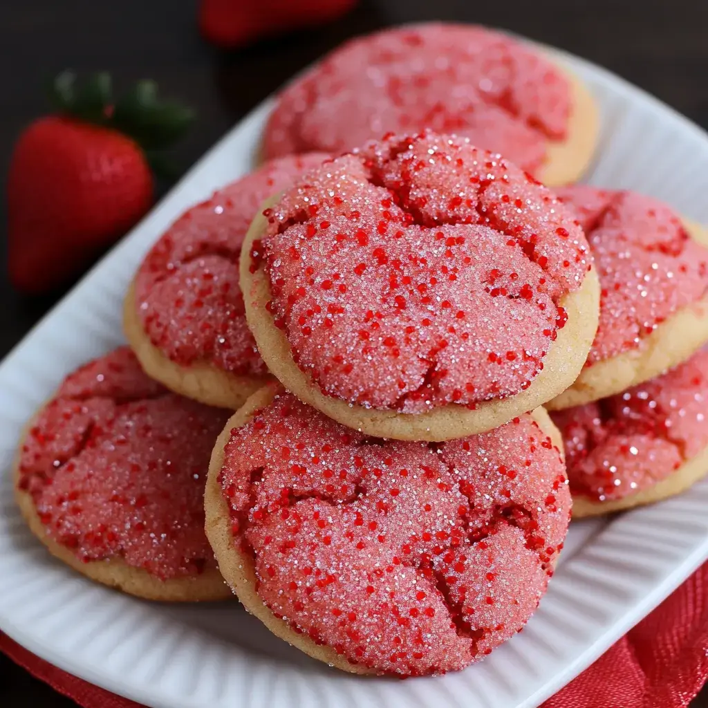 A plate of bright red cookies dusted with sparkling sugar, with a strawberry sitting nearby.