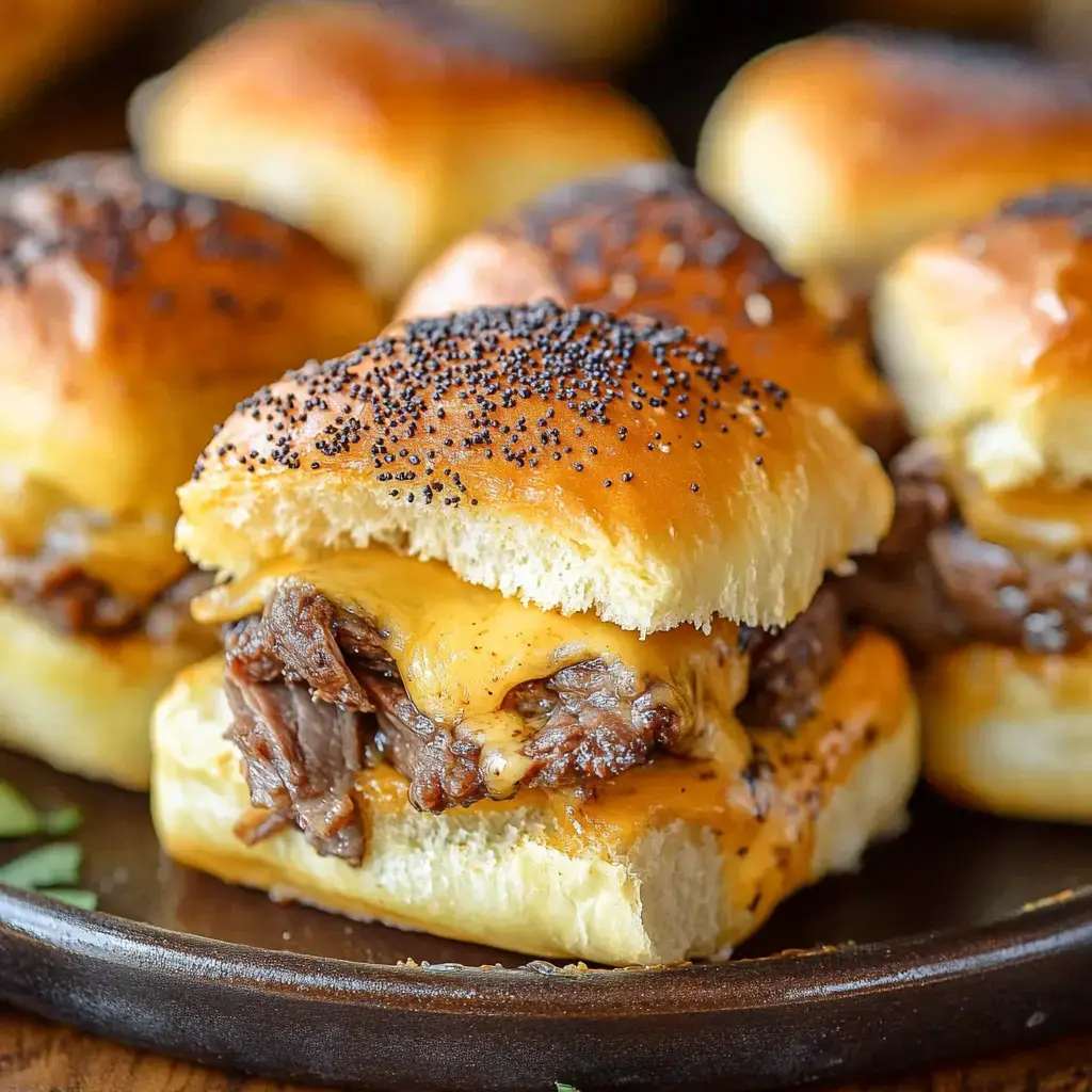 Cheesy beef slider with poppy seed bun, surrounded by others on a plate.