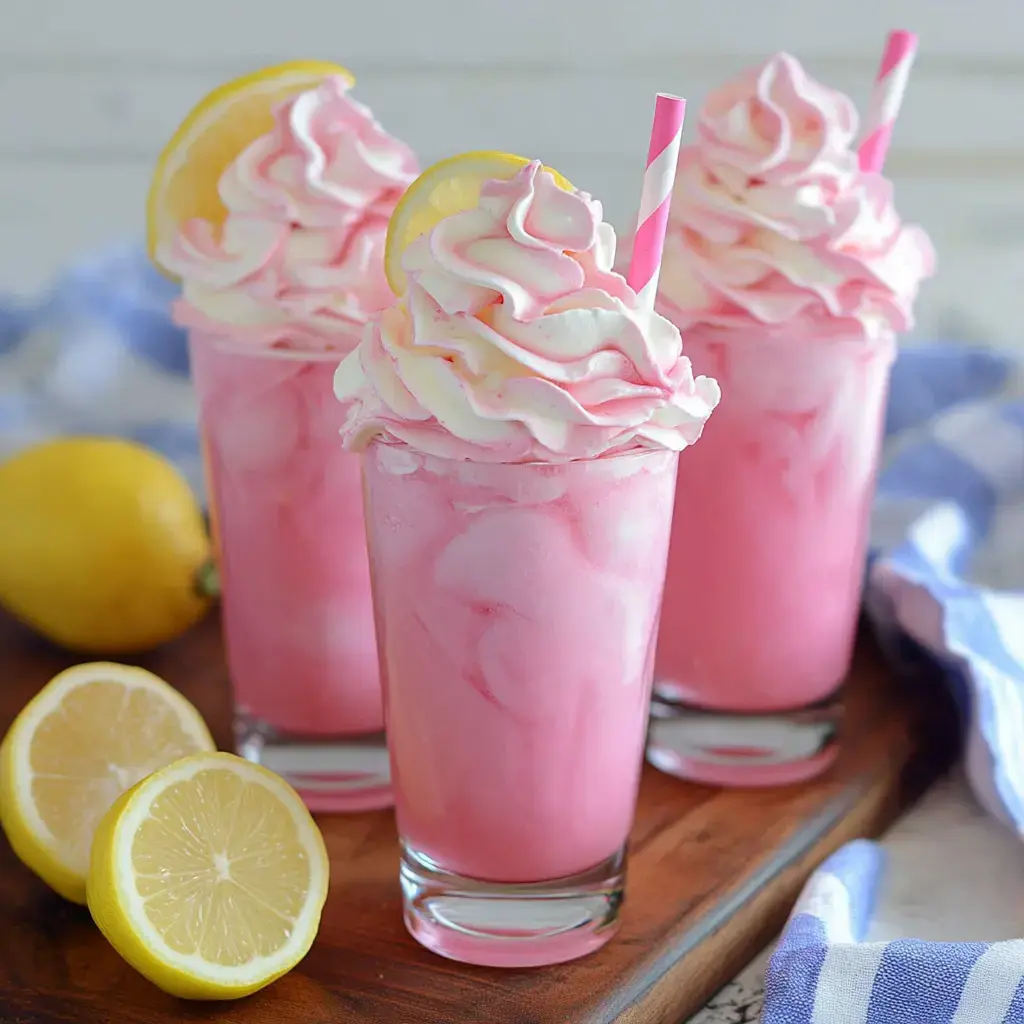Three tall glasses of light pink creamy drinks topped with fluffy cream and lemon slices, plus extra lemon on a wooden board.