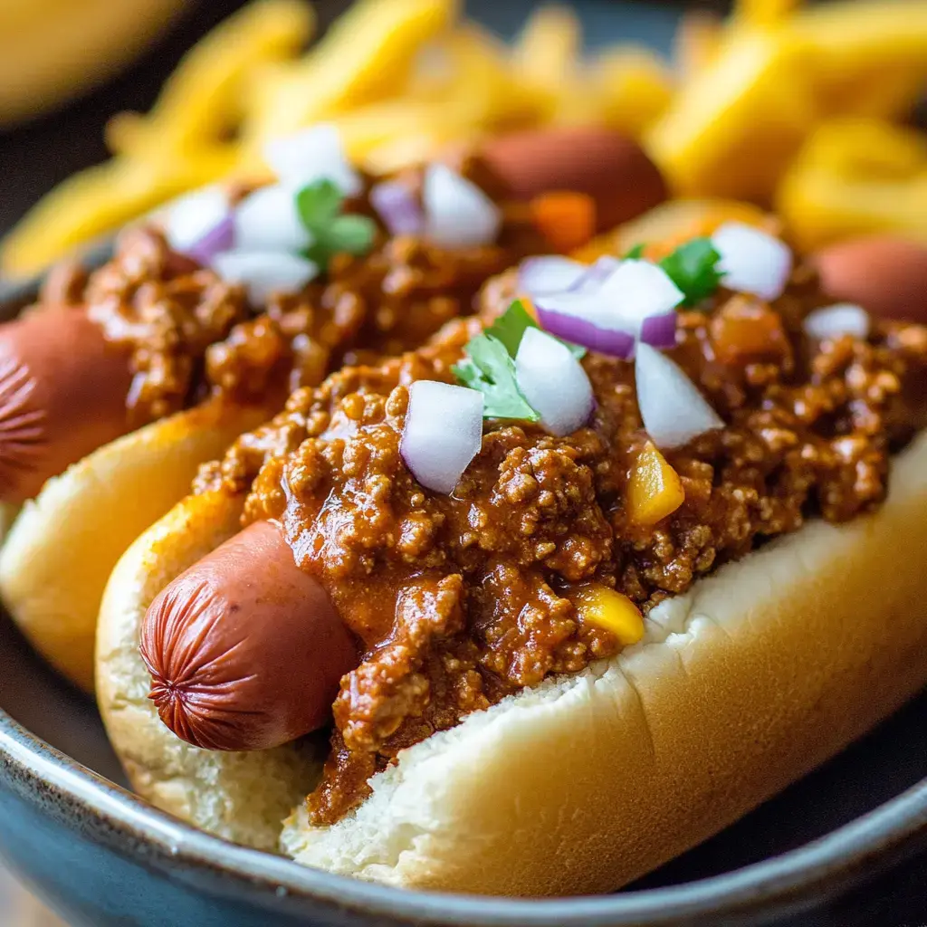Chili-dressed hot dogs with diced onions and cilantro, served with fries on the side.