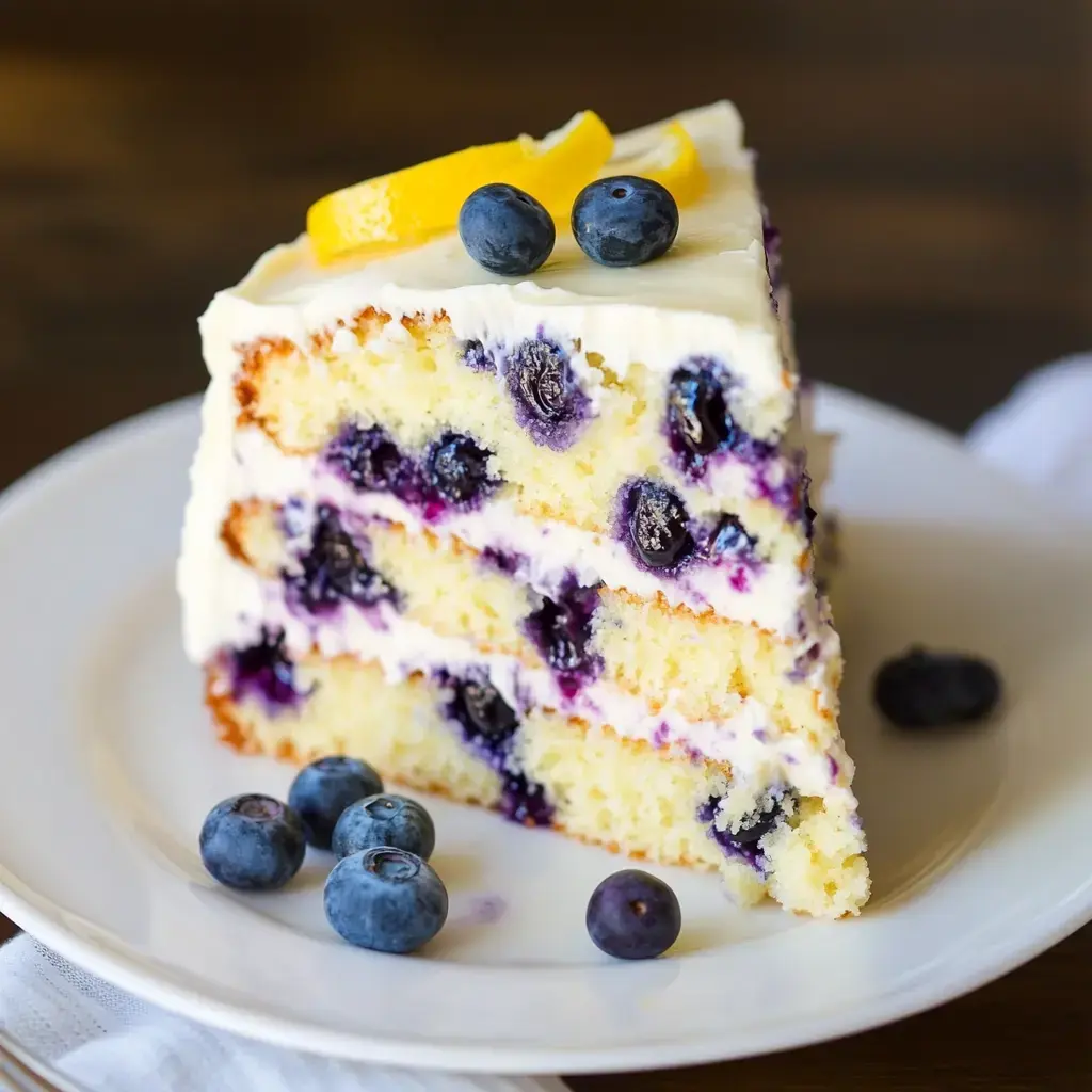 A vibrant slice of blueberry and lemon cake layered with frosting, topped with fresh berries, placed on a white plate.