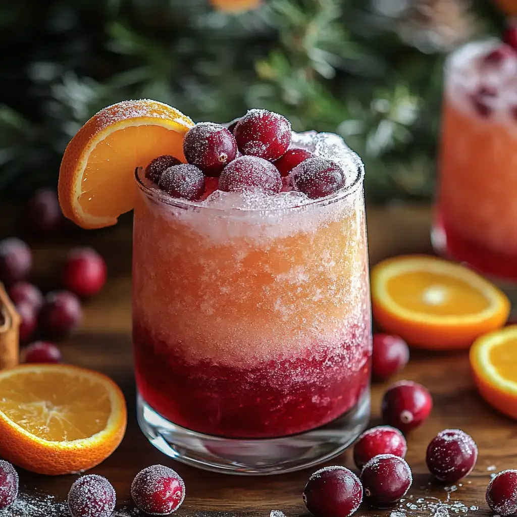 Colorful icy drink with cranberry and orange layers, topped with cranberries and an orange slice, set in front of a green background.