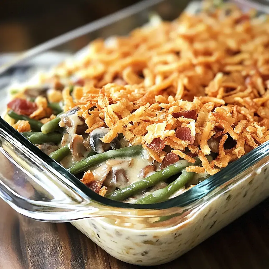 A golden-brown dish filled with tender green beans in creamy sauce topped with crunchy fried onions.