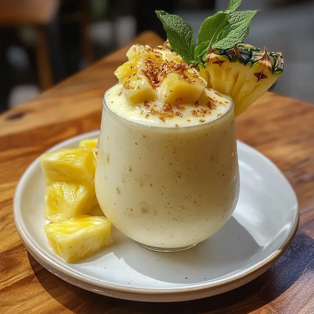 A chilled pineapple drink garnished with fresh pineapple pieces, coconut sprinkles, and a mint leaf, placed on a plate with more pineapple slices nearby.