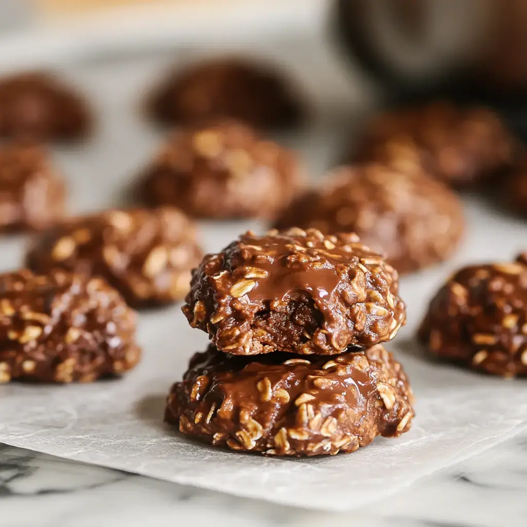 Two oat-and-cocoa cookies stacked on parchment paper, with more treats in the background.