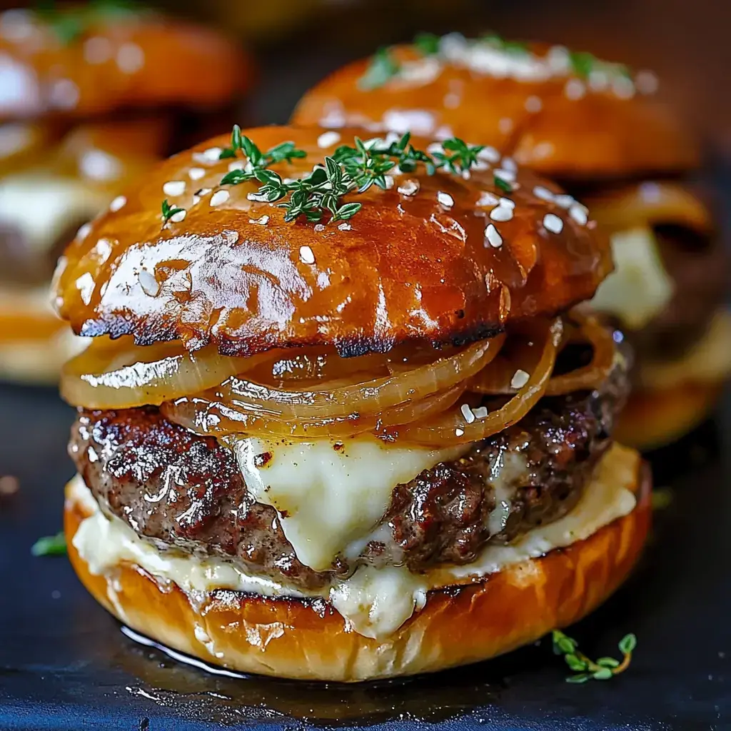 A tempting shot of a homemade burger with a thick beef patty, dripping cheese, golden onions, and a glossy bun with fresh herbs on top.