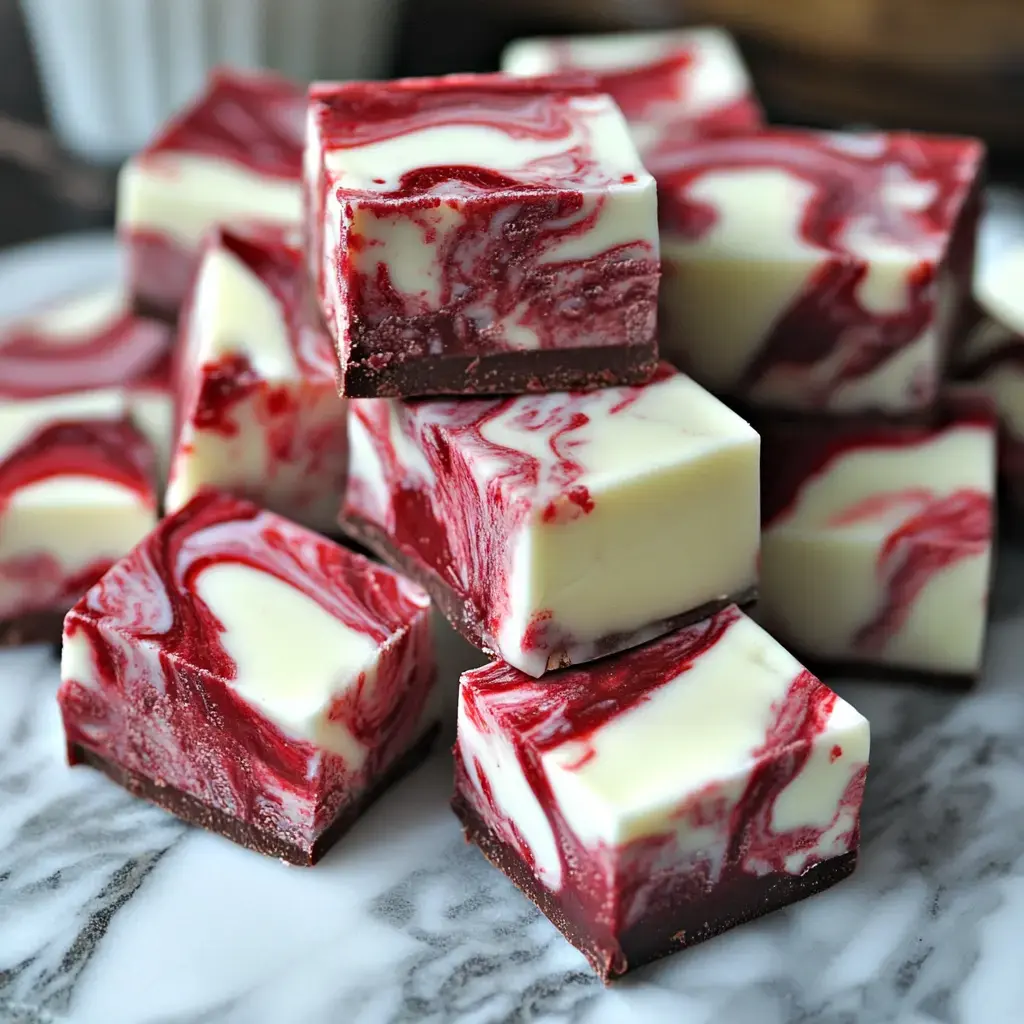 Stacked cubes of red and white swirled fudge on marble, close up.