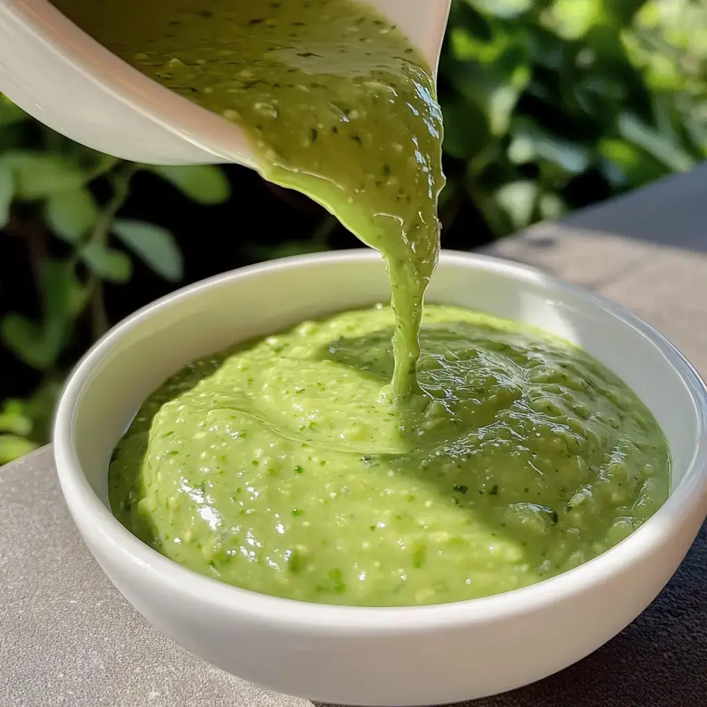 A rich green salsa is poured into a low bowl from a small container.