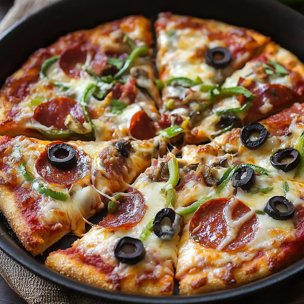 Hot pizza loaded with pepperoni, green peppers, olives, and bubbly cheese, cut into slices.