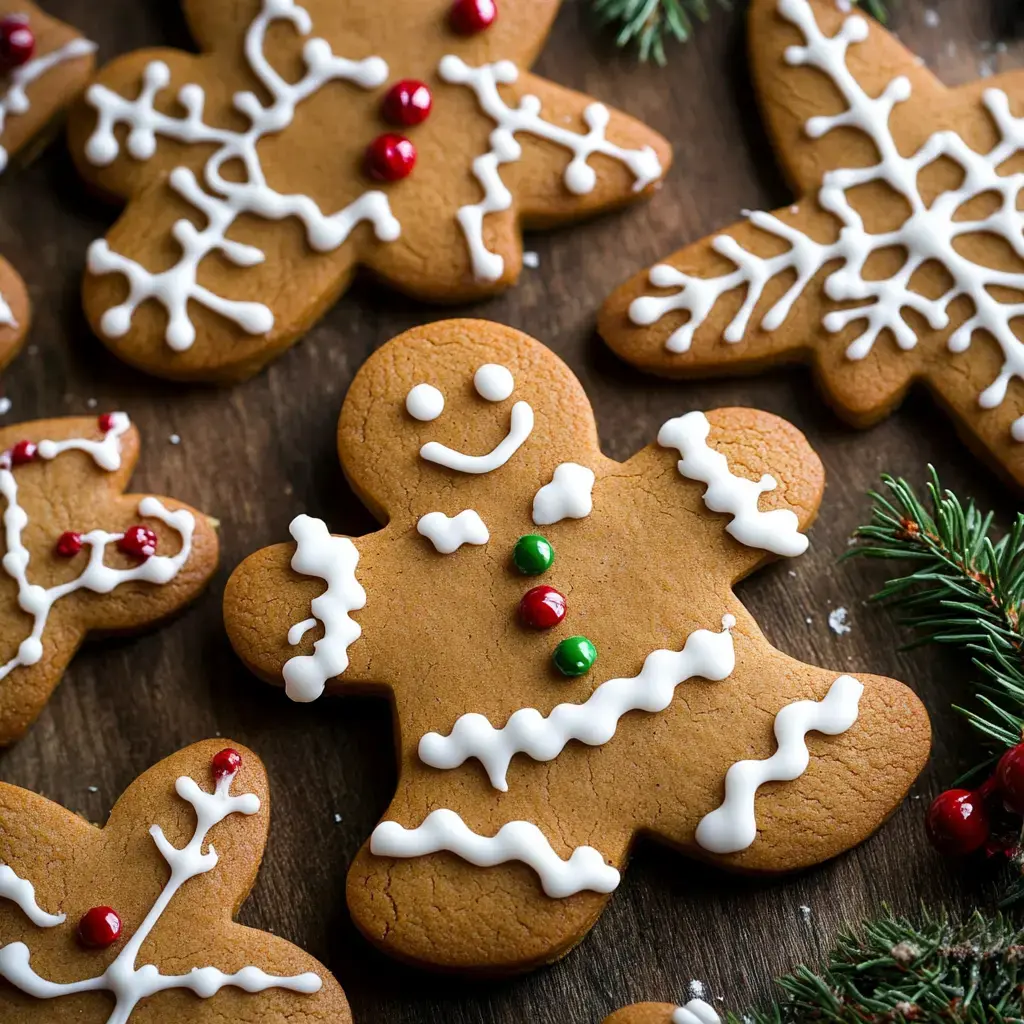 Assorted gingerbread cookies decorated with snowflakes, happy gingerbread figures, and holiday designs on a wooden backdrop with pine.