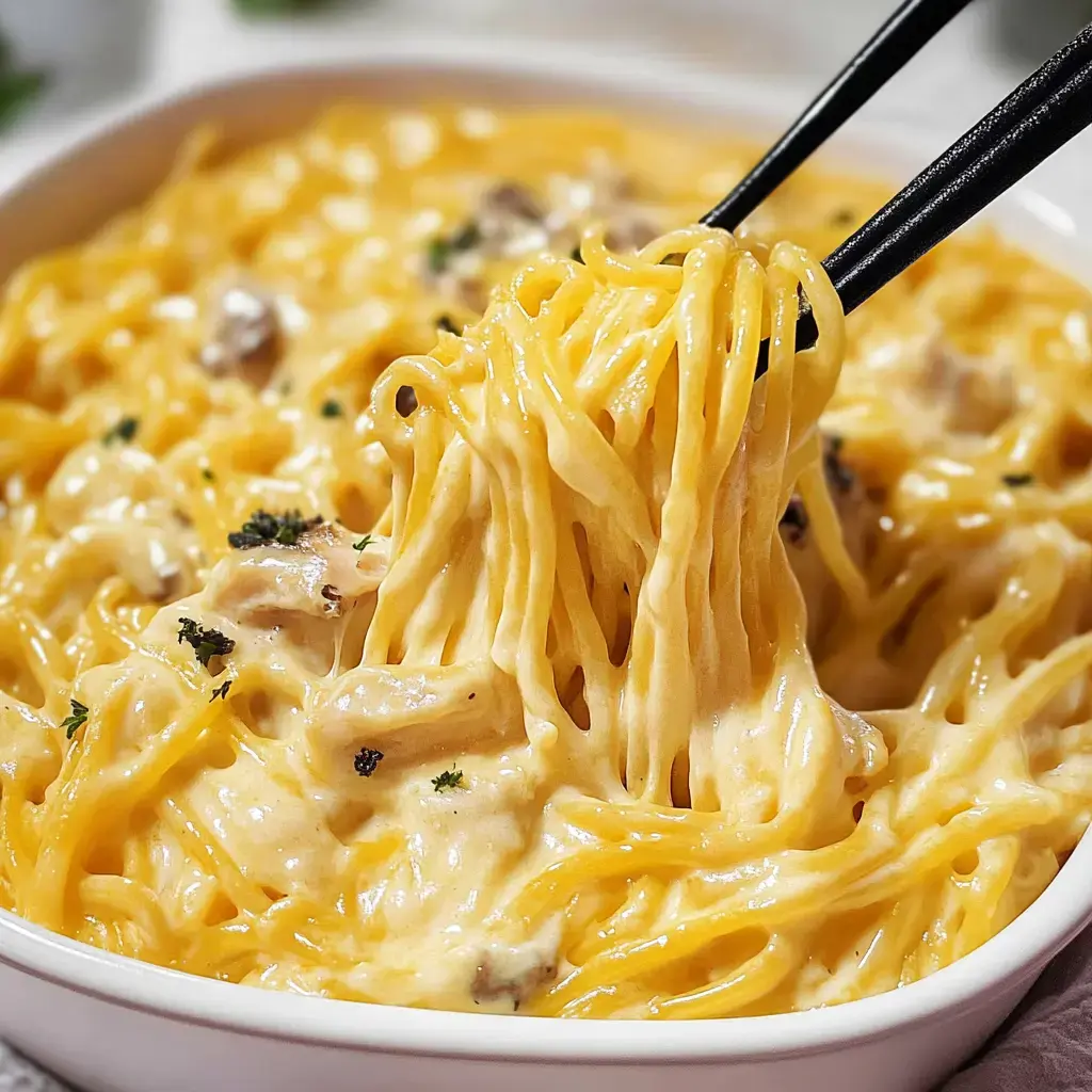 A fork lifting creamy pasta from a bowl, oozing with melted cheese.
