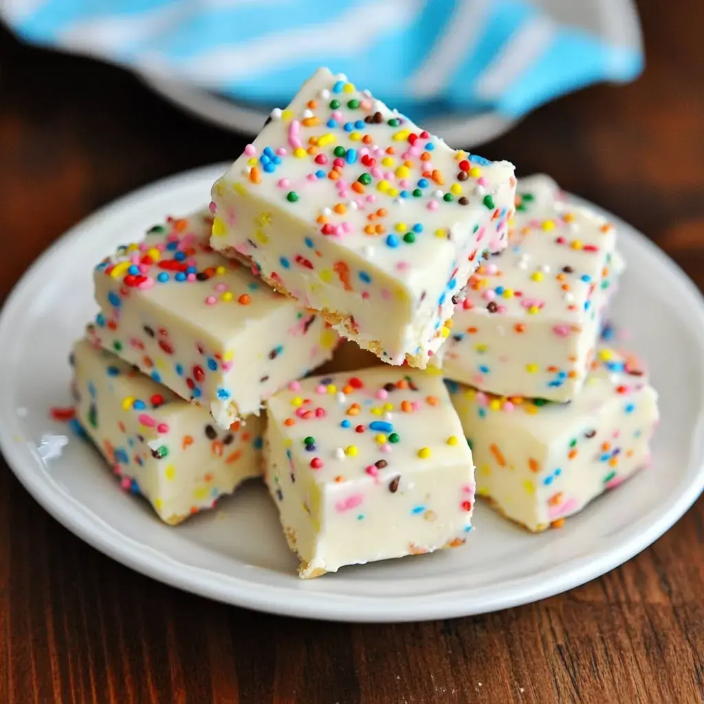 Stacked squares of white chocolate fudge covered in colorful sprinkles, all on a plate.