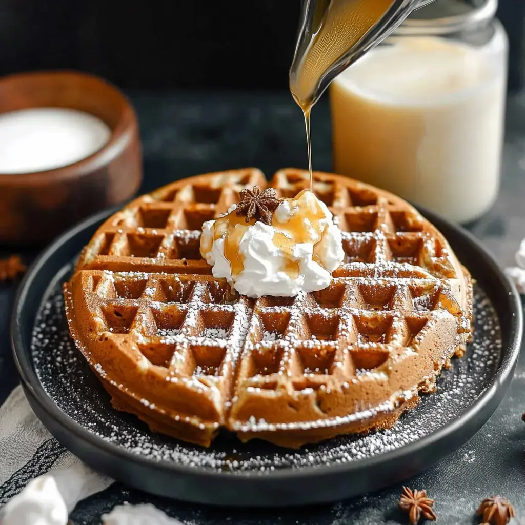 Golden waffles stacked with a cloud of cream and vanilla syrup, resting on a dark plate. You can spot a milk jug and a wooden bowl behind it.