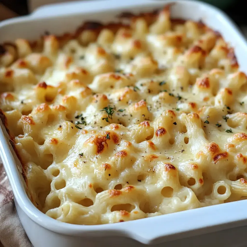 Close-up of baked macaroni and cheese with a golden, crispy top.