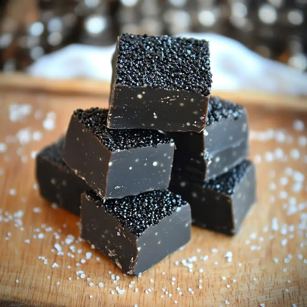 Some black candy fudge squares topped with sprinkles sitting on wood, little bits of salt here and there.