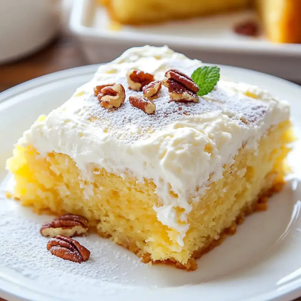 A moist yellow cake slice topped with creamy frosting and pecans, dusted with powdered sugar on a white plate.