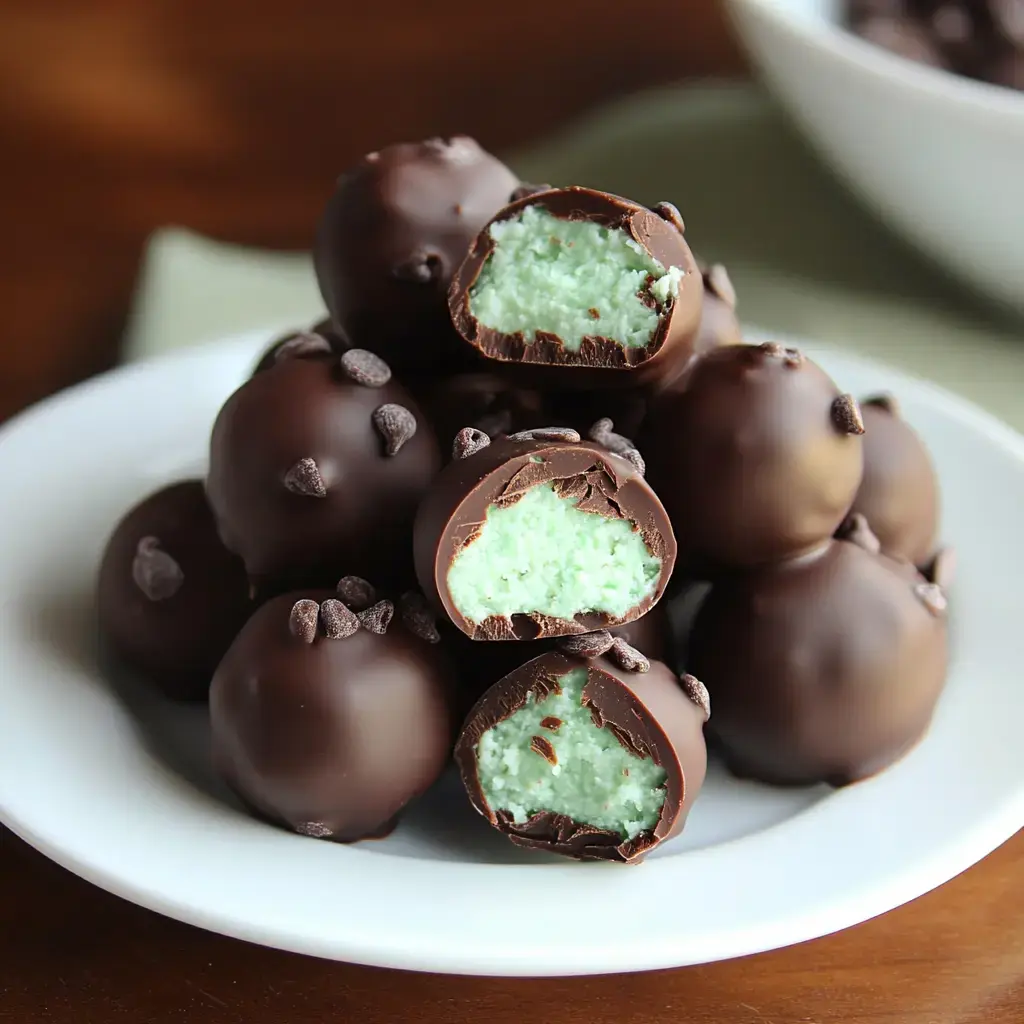 A dish of dark chocolate-dipped mint balls, one cut open showing pale green minty filling and chocolate flakes scattered on top.