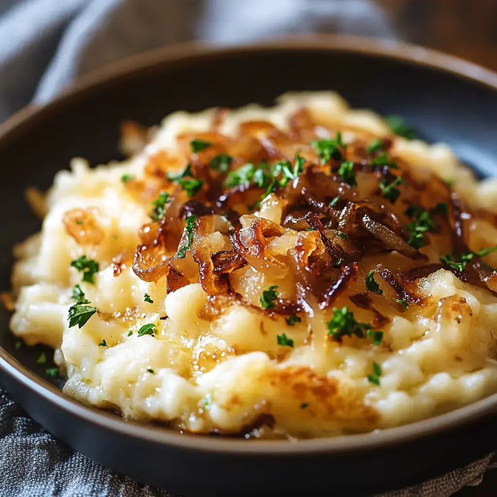 A cozy bowl of creamy noodles layered with onions and garnished with herbs, ready to enjoy.