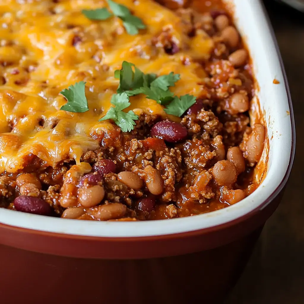 Close-up of baked dish with beef, beans, melted cheese, and cilantro topping.