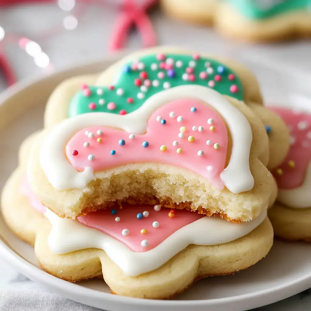 Heart-shaped cookies topped with colorful sprinkles and pink or green icing, one cookie missing a bite.