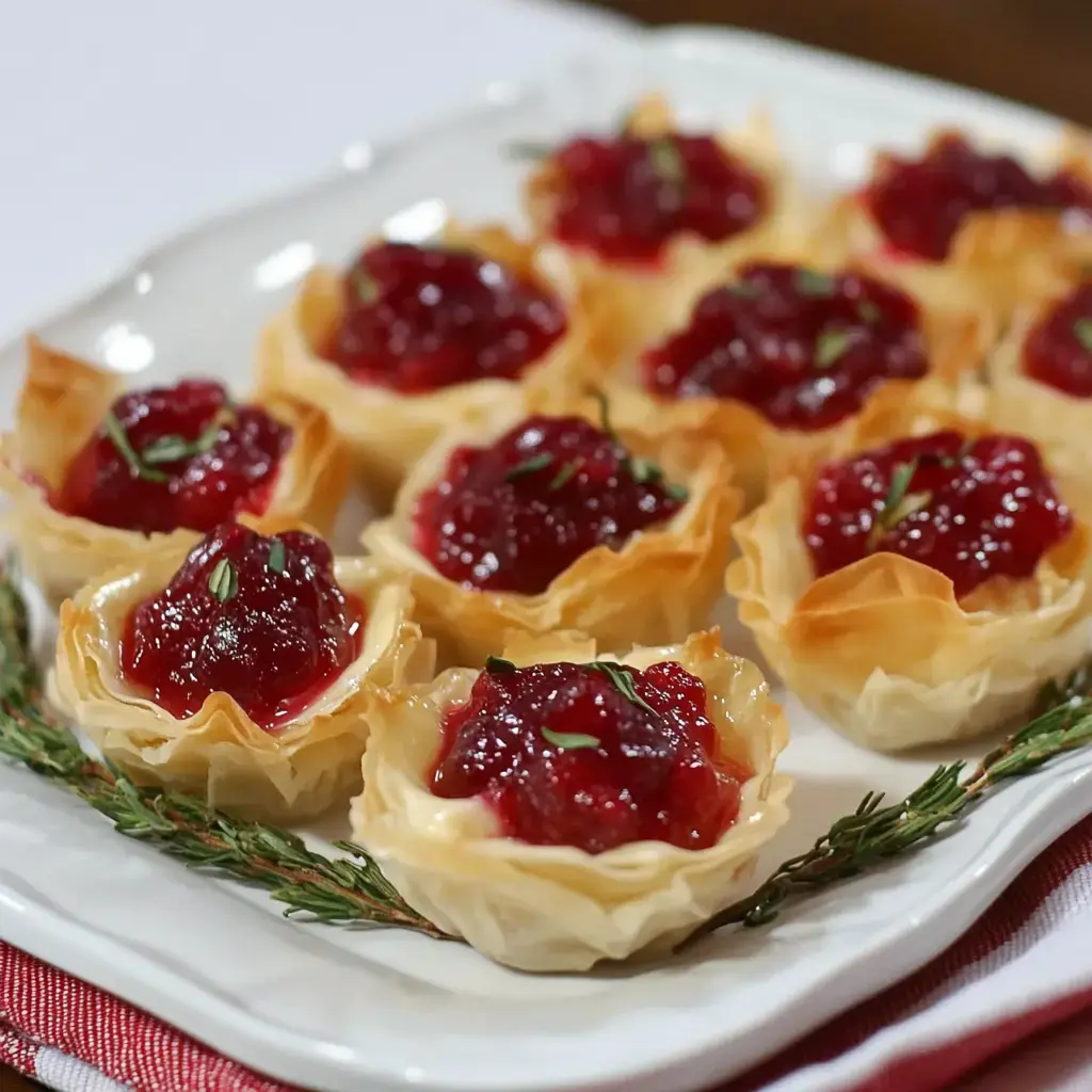 Crispy pastry cups with cranberry sauce and thyme sprigs on a platter.