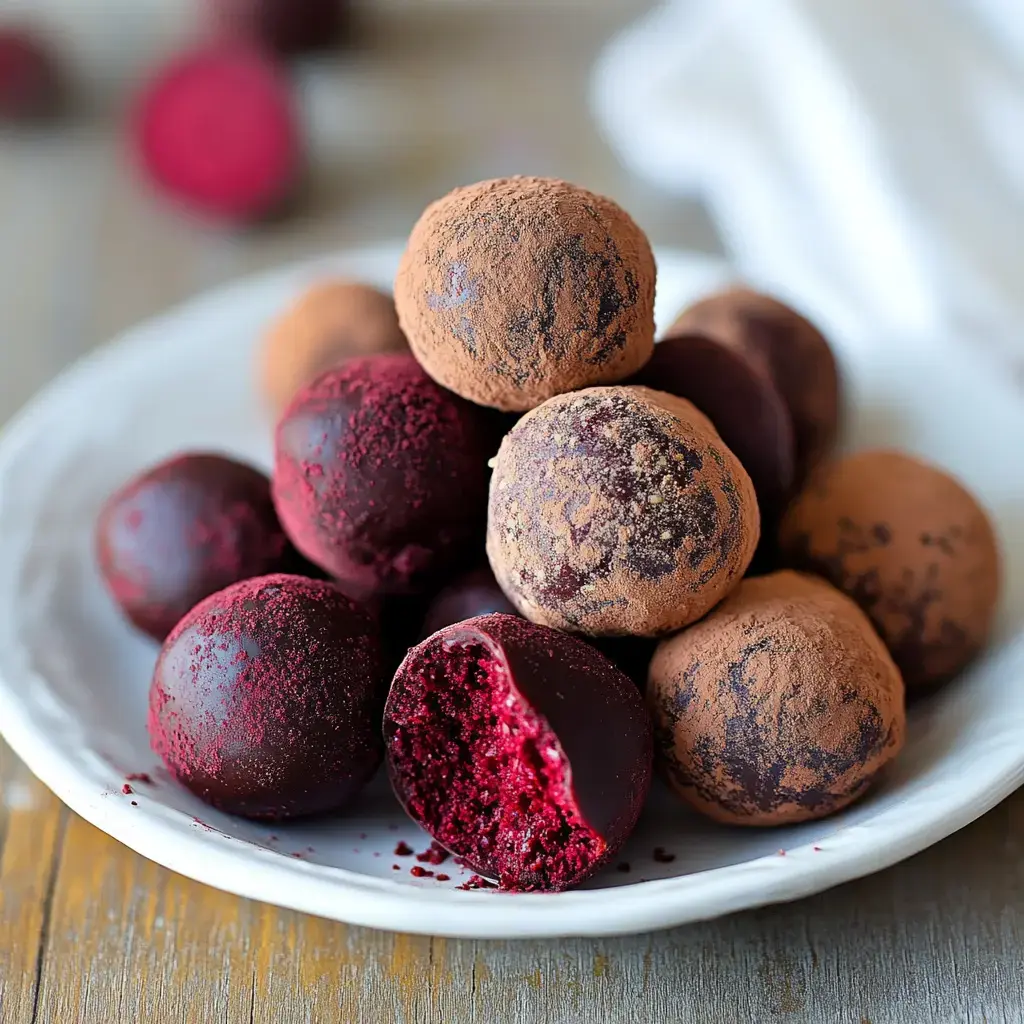 Some chocolate balls sitting on a plate, a few with cocoa and a few with beet powder, and one has a bite out of it.