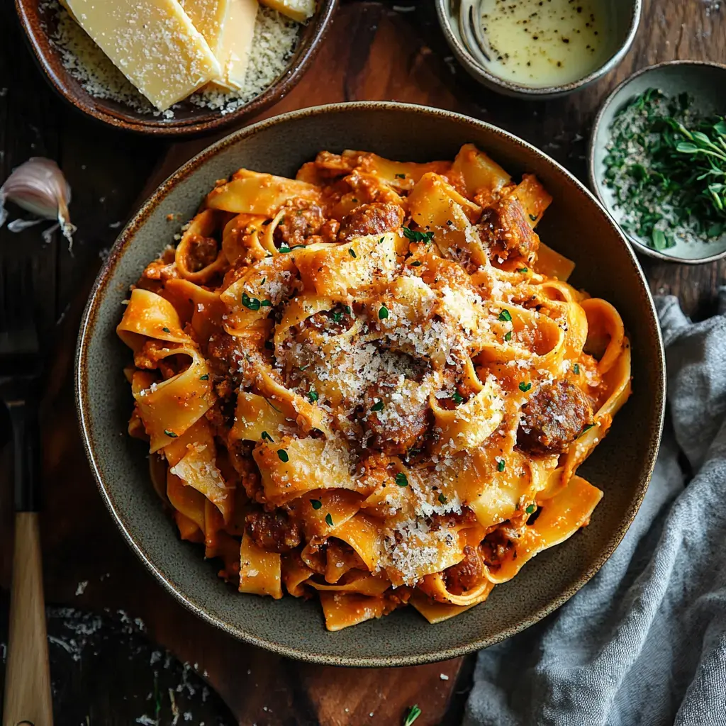 Pasta bowl with meaty sauce, cheese, and herbs; cheese and garlic shown nearby.