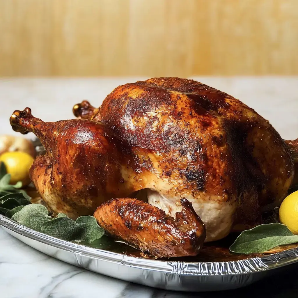 Golden roasted turkey on a dish, surrounded by lemons and herbs.