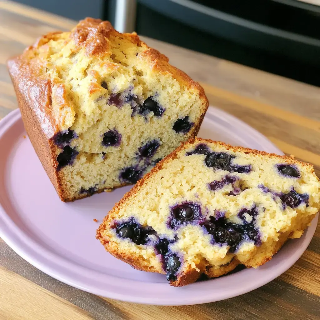 Moist blueberry loaf with juicy berries cut open on a pink dish, showing soft crumb inside.