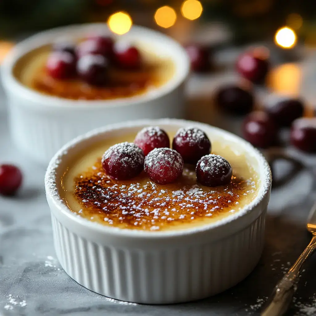 Cranberry-topped crème brûlée in two cups, dusted with powdered sugar, with soft background light.