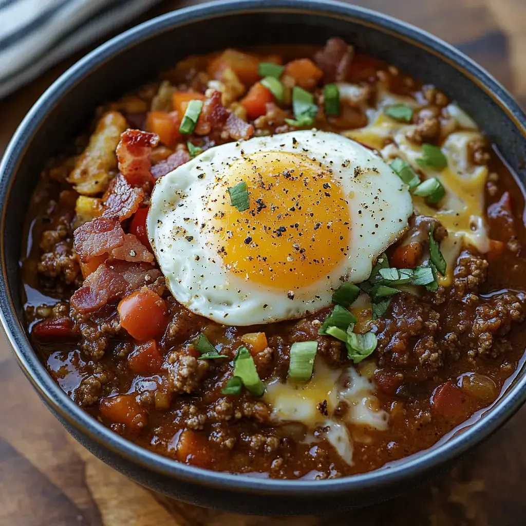Hearty chili bowl topped with a sunny-side-up egg, crispy bacon, chopped green onions, and diced tomatoes.