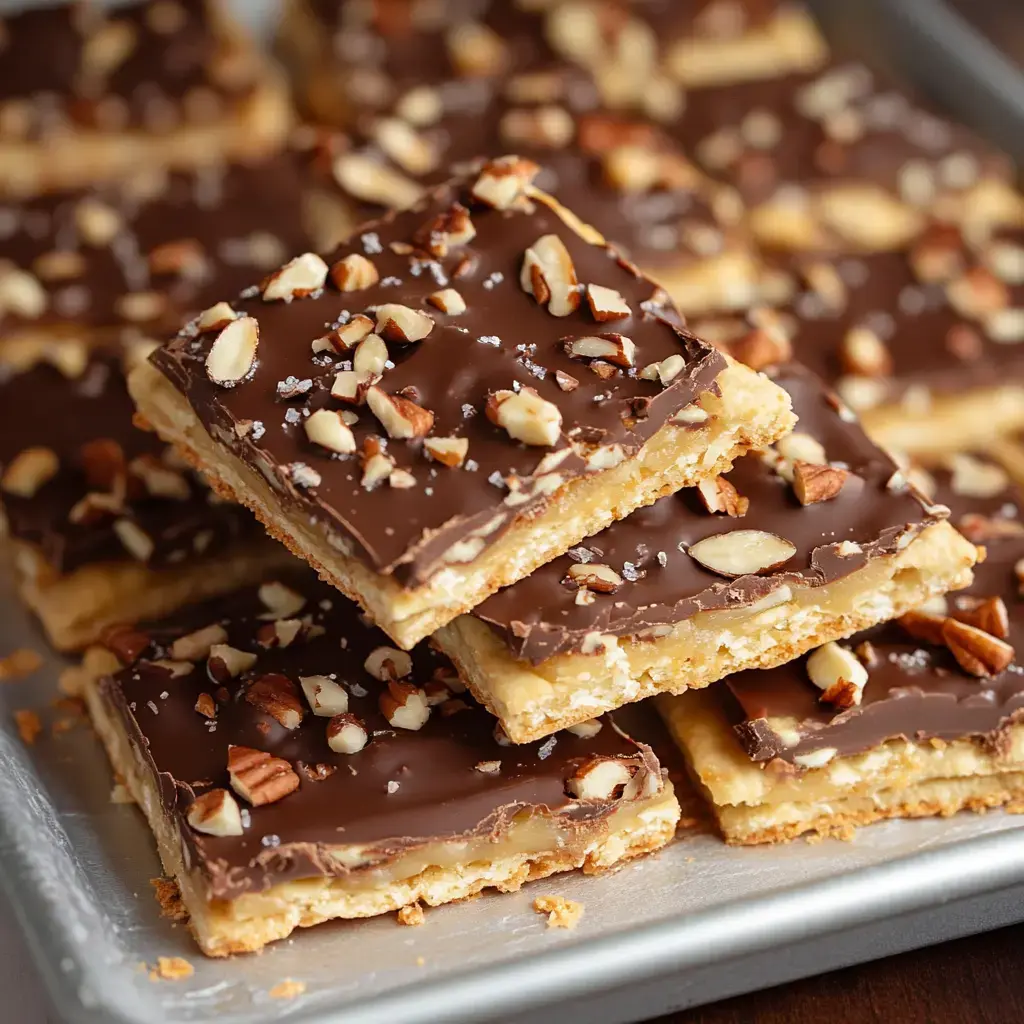 A delicious layered treat with a cracker base, a caramel layer, then chocolate and nuts sprinkled on top.
