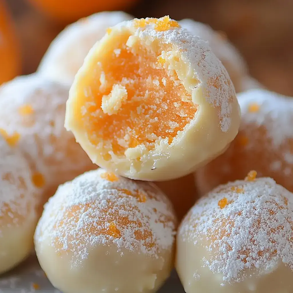 Close-up of sweet white chocolate balls, covered in powdered sugar, one showing a bright orange inside.