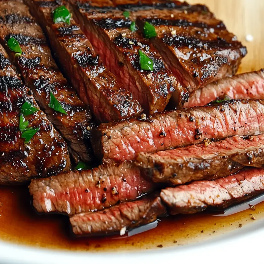 Sliced and grilled steak on a plate sprinkled with parsley, featuring a pink center.