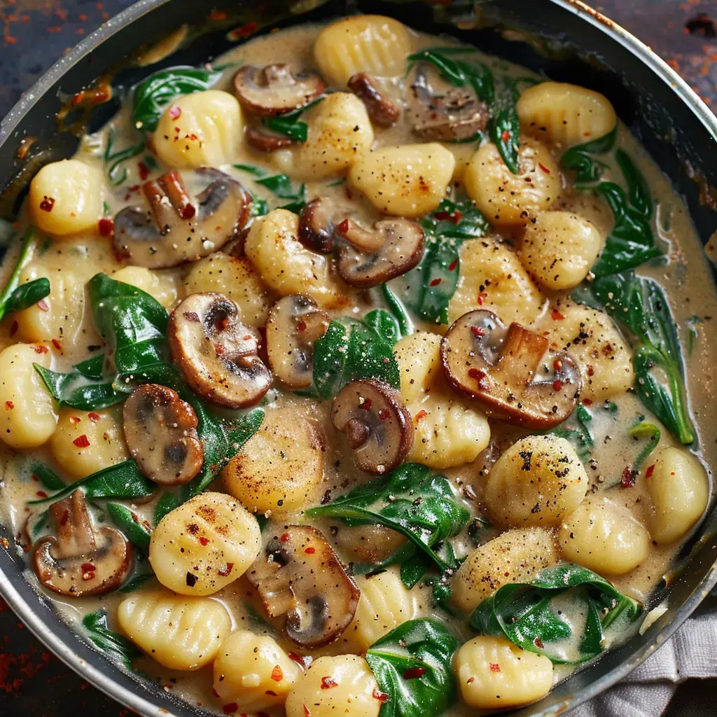 Gnocchi in a creamy sauce with mushrooms and spinach, finished with black pepper and a sprinkle of red pepper flakes, served in a skillet.