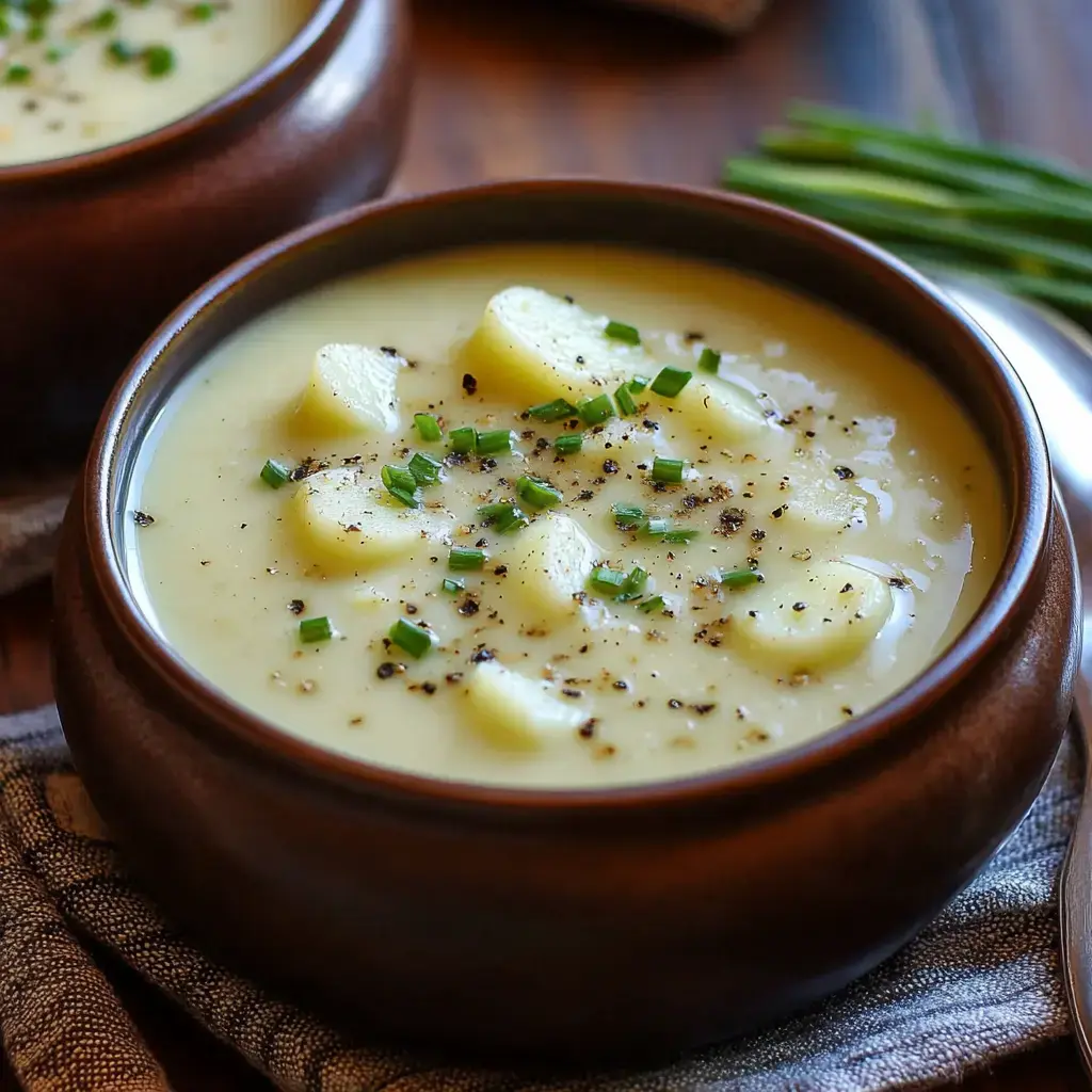 Close-up of a creamy potato and leek soup in a brown bowl. Chopped chives and black pepper on top.
