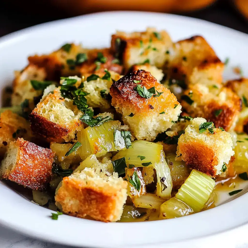 A hearty bowl of stuffing with crusty bread chunks, diced celery, and fresh parsley on top.